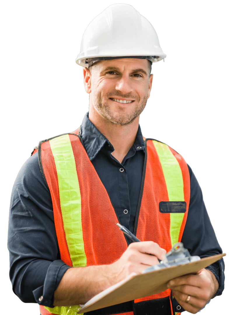 Construction worker with clipboard and safety gear.