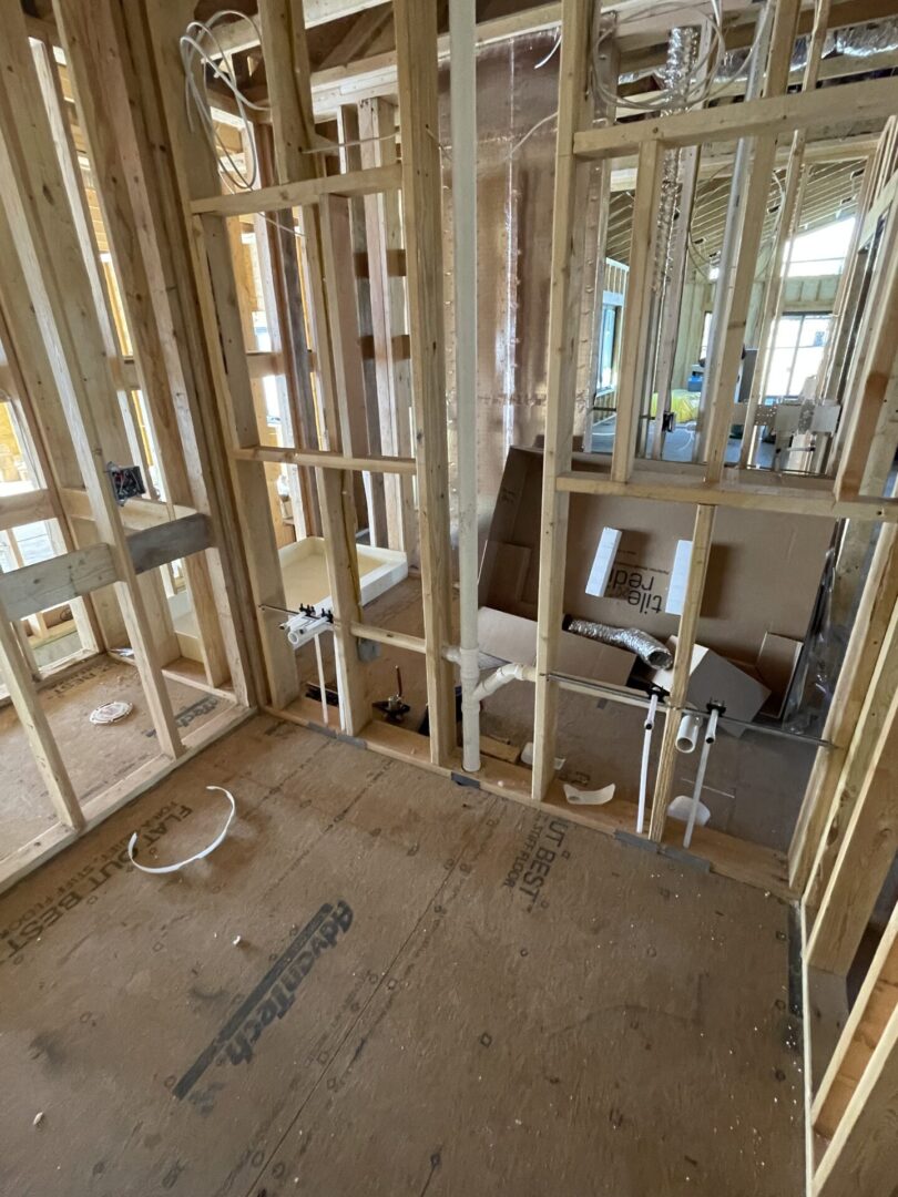 Interior house framing with plumbing rough-in