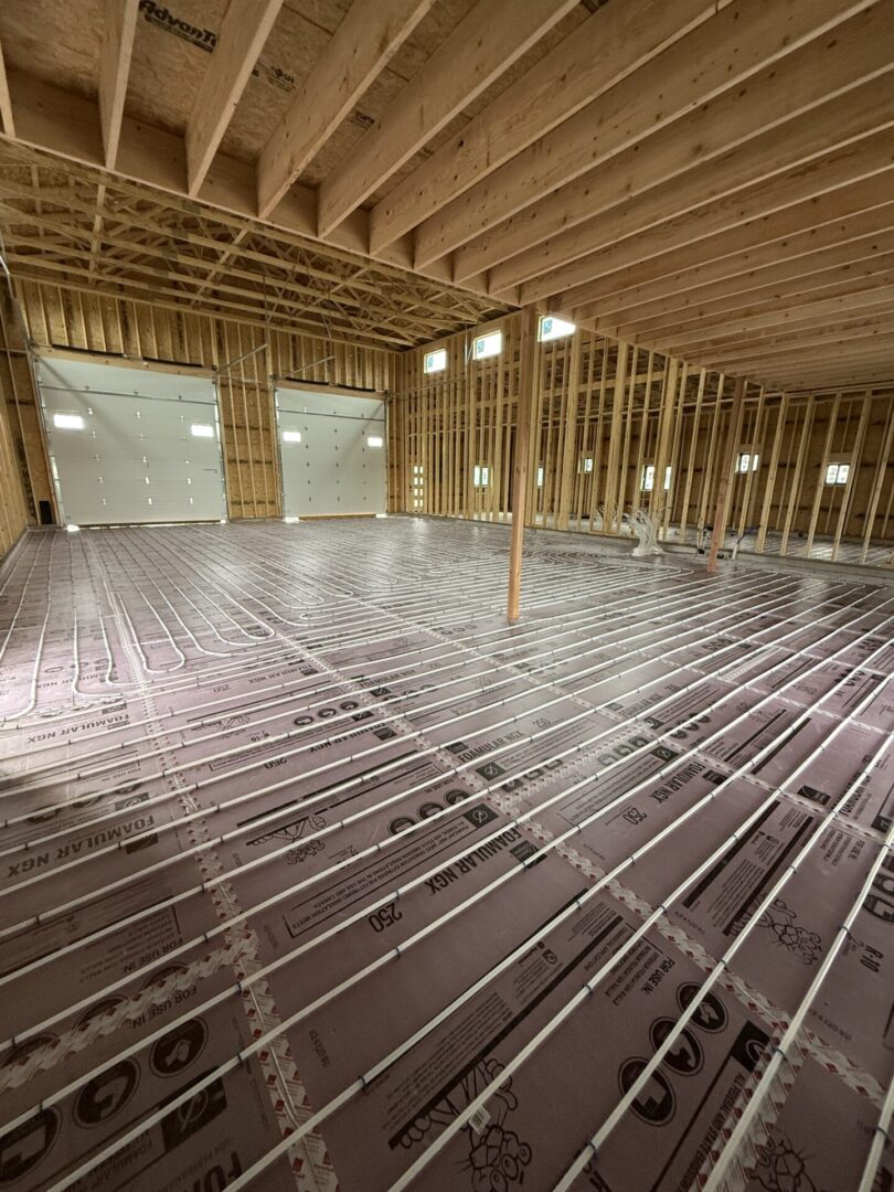 Wood-framed interior with radiant floor heating