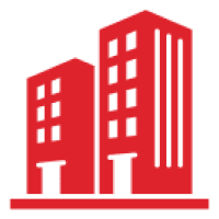 Red buildings icon on black background
